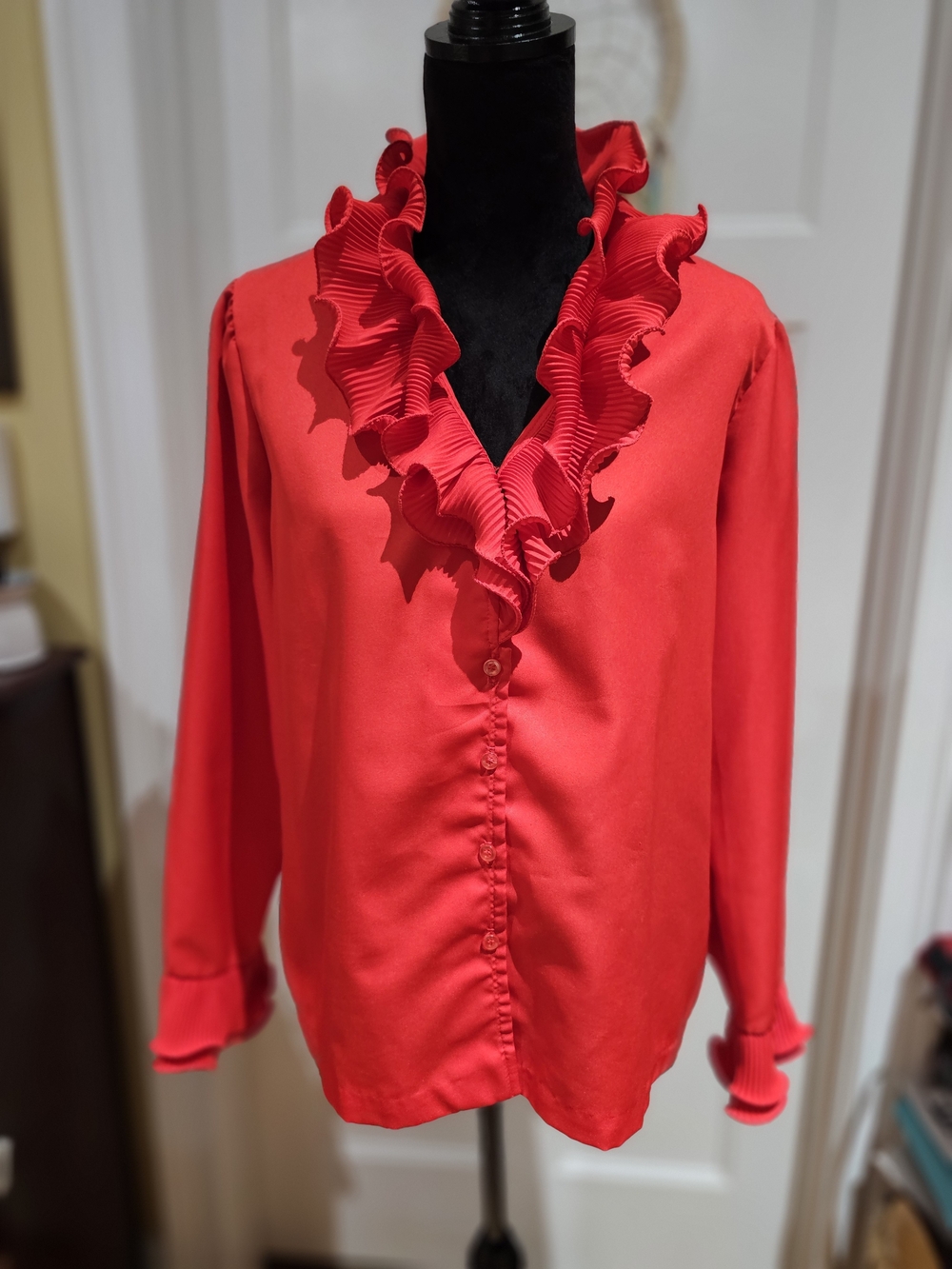 Women's Red Ruffle V-Neck Button Front Blouse